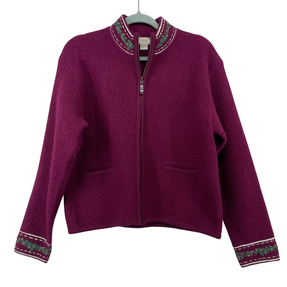 ALPS Size Large Cardigan Purple 100% Wool Embroidered Full Zip Sweater Womens